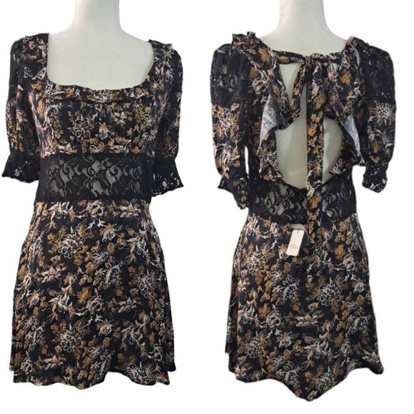 Free People Lucie Dress Black Yellow Short Lace Boho Coquet Puff  Sleeve Sz 4 - Picture 5 of 9